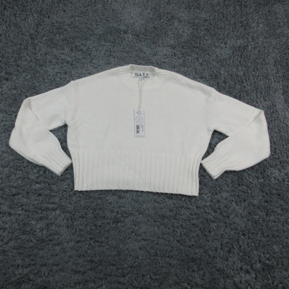 Daze Garden Sweater Womens Small White Cotton Cropped Pullover Knit Crewneck NWT